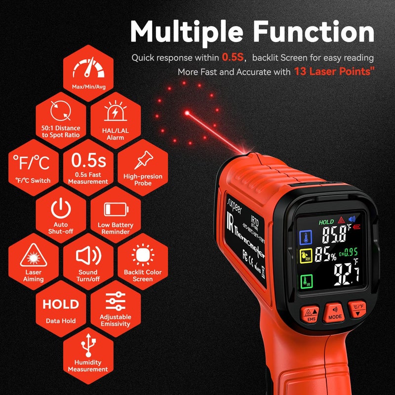 SURPEER -58°F to 2732°F Infrared Thermometer IR Laser Gun 50:1, Digital Temperature Gun/K-Type Probe -4°F~932°F, Humidity Sensor, High-Temp Pyrometer for Kiln, Forge, Furnace, Industrial Use - Image 2